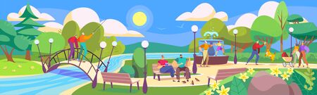 People in park, leisure with family in nature, cartoon characters vector illustrationのイラスト素材