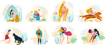 Women models in fashion clothes with wild animals, vector illustrationのイラスト素材