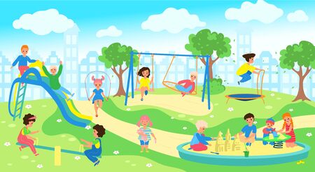 Children at playground in city park, happy kids playing outdoor, vector illustrationのイラスト素材
