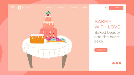 Bakery website design, homemade cakes and sweets, vector illustration. Pastry shop landing page template, freshly baked cake for birthday or wedding. Bakery products in simple flat cartoon styleのイラスト素材
