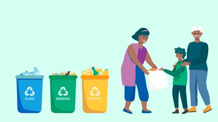Family sorting trash and recycling waste, people collecting garbage, vector illustrationのイラスト素材