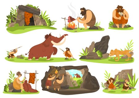 Primitive people in Stone Age, caveman life, vector illustration. Set of isolated cartoon characters, cave people hunting mammoth. Stone Age man cooking meat, woman making clothes, children playingのイラスト素材