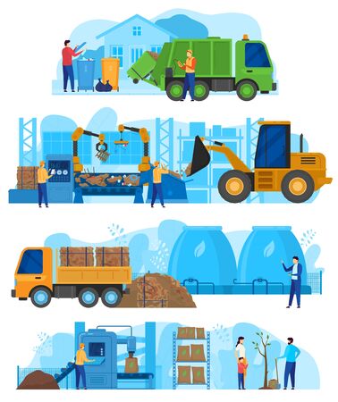 Waste processing factory, garbage recycling industry machines cars, van and tractor with workers people vector illustrationのイラスト素材