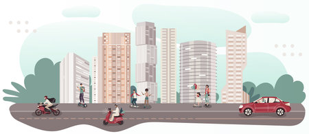 People riding different transport in city, vector illustration. Traffic of modern metropolis, road to high rise buildings. Men, women and children riding scooter, skateboard, bike, driving car in cityのイラスト素材