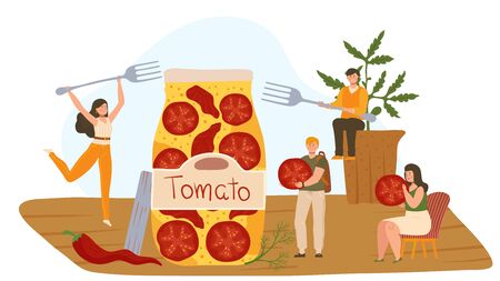 Tiny people opened a huge jar of dried tomatoes, vector illustration. Men and women with giant forks, cartoon characters with canned tomatoes. Healthy organic food, sun dried vegetables in glass jarのイラスト素材