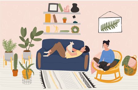 Couple rest at home, people relax in cozy apartment, vector illustrationのイラスト素材