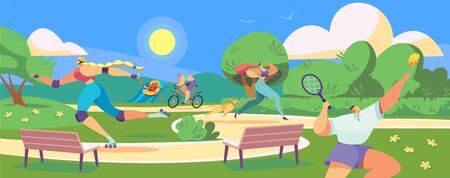 Active people in park, healthy sport lifestyle, vector illustrationのイラスト素材