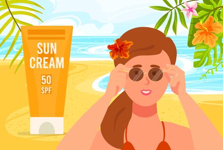 Sunscreen cream advertising, 30, 50, 70 SPF, water wave, bottle with cream, girl face, flat vector illustration.のイラスト素材