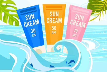Sunscreen cream advertising, 30, 50, 70 SPF, water wave, bottle with cream, sea water, flat vector illustration. Ads web banner.のイラスト素材
