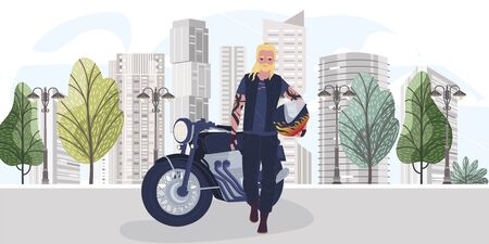 Character biker with helmet, motorcycle, stay on city background, cartoon vector illustration. Biker walking street, city background.のイラスト素材