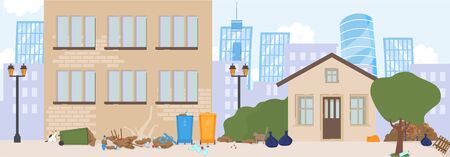 Bad neighborhood in city, street ghetto, trash on avenue, flat vector illustration. Road for car and sidewalk for passer. Criminal area, dangerous place. Design for website, banner, template.のイラスト素材
