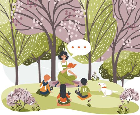 Female characters read book, tell story for children, woman, kids, dog sit forest, city park, grass place, vector illustration. Design web banner, template. Tree garden, cheerfully relax.のイラスト素材