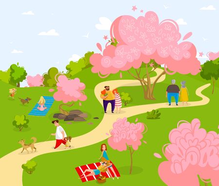 Spring city sakura park, characters people relax, train and walk dogs, family picnic, flat vector illustration, isolated on white background. Old people, man, woman, kid, runners, dog in outdoor park.のイラスト素材