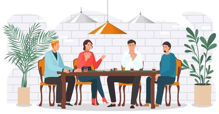 Characters people, male and female play in poker, gambling card game, flat vector illustration. Poker player sit table, money game, gambling business. Design for web banner, template.のイラスト素材