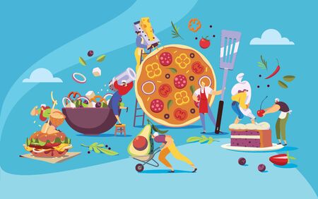 Restaurant team cooking food, pizzeria cafe menu concept, vector illustration. Tiny people cartoon characters cooking huge dishes of Italian cuisine. Pizza, salad, hamburger and cake. Restaurant teamのイラスト素材