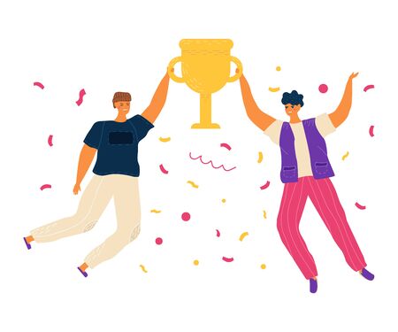 Happy jumping people, woman celebrating victory concept and vector illustration on white background. Female characters jump with cup, confetti after winning the competition. Simple flat style.のイラスト素材