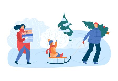 Family on winter rink, christmas time concept and vector illustration, isolated on white background. Winter park with show and xmax fir.のイラスト素材