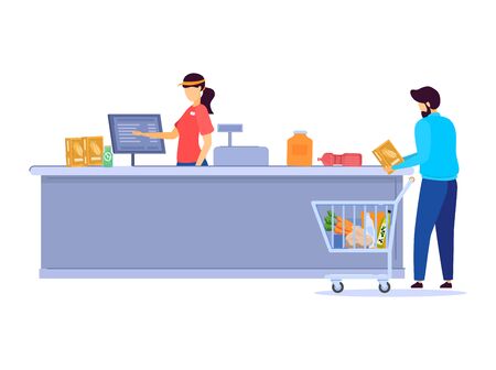 People in grocery store, line at cash desk, supermarket customers, vector illustration. Men and women buying groceries in shop. Customers cartoon characters, scene from grocery store or supermarketのイラスト素材