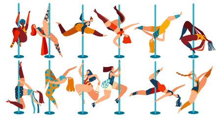 Pole dance people, body positive women cartoon characters isolated on white, vector illustration. Cheerful girls in different poses dancing on pole. Female dancers, flexibility exercise gymnastics setのイラスト素材