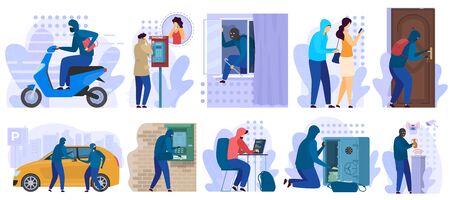 Thief stealing money and car, burglar robber bank, criminal pickpocket people, vector illustration. Man in balaclava escapes with woman purse, information theft security. Cartoon character thief setのイラスト素材