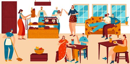 People in cozy cafe, bakery with fresh bread and coffee, pastry shop service, vector illustration. Comfortable patisserie, friends and couples drink coffee in bakehouse. Bakery cafe visitors and staffのイラスト素材