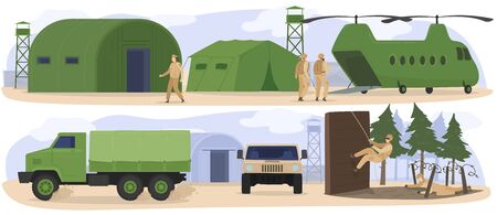 People in military base camp, soldiers training in army, boot camp exercises, vector illustrationのイラスト素材
