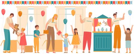 Volunteers play with children and give presents to kids in orphanage or school, vector illustration. People charity activists, volunteering men and women bring gifts to happy children, volunteer teamのイラスト素材