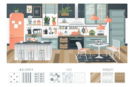 Kitchen interior design with cozy ambience, comfortable layout and modern appliances, vector illustrationのイラスト素材