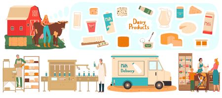 Dairy products manufacturing, farm milk delivery, people in food industry process, vector illustrationのイラスト素材