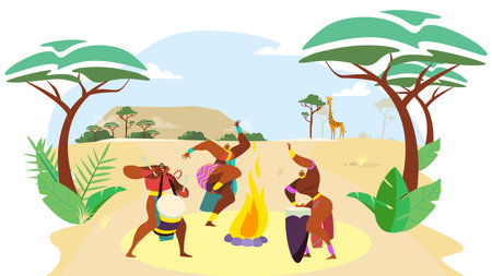 African people dance, man and woman cartoon characters performing traditional culture ritual, vector illustrationのイラスト素材