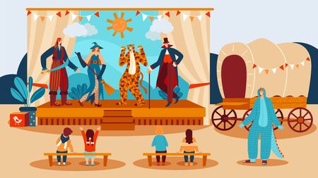 Theater performance for kids, show actors dressed in costumes playing fairytale on scene before children cartoon vector illustration.のイラスト素材