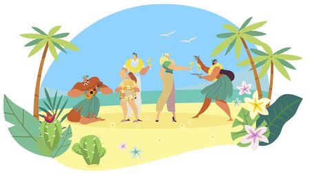Hawaiian people welcome tourist family on exotic island, ethnic summer vacation, vector illustrationのイラスト素材