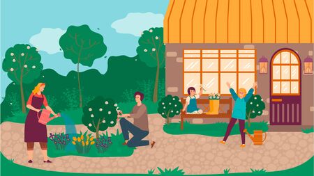 Happy family in garden planting flowers and pruning trees cartoon vector illustration of mother, father and daughter near cottage gaderning.のイラスト素材