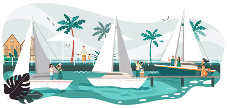 Seaside promenade summer landscape, people on yacht in sea, tropical resort and palm trees on beach cartoon vector illustration. Seafront promenade vacation romantic boats with couples.のイラスト素材