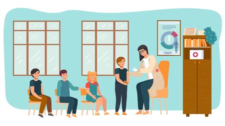 Child vaccination, doctor does vaccine injection to children in kindergarden, medical immunization, kid patient healthcare cartoon vector illustration. Physician frmale with syringe makes vaccination.のイラスト素材