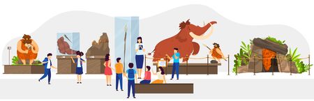 School class in natural history museum, primitive people stone age exhibition, vector illustration. Teacher guide children, historic lesson of human society evolution. Caveman hunting mammoth, cartoonのイラスト素材