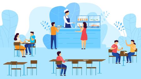 School canteen, cafeteria, children take tray with food, eating, drinking juice at tables cartoon vector illustration. Catering restaurant and canteen freshly cooked warm meals for schoolmates .のイラスト素材