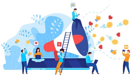 Social media marketing concept, people react to influencer content online, vector illustrationのイラスト素材