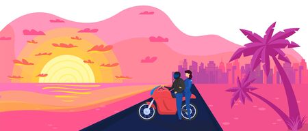 Character male biker, female, couple on motorbike vector illustration. Neon, vintage flat style, orange sunset, sundown, palm tree, road to city. Design for web banner, poster, postcard.のイラスト素材