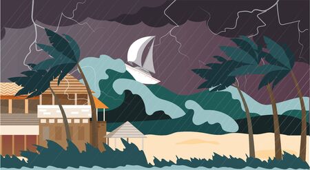 Storm natural disaster, water cataclysm high wave, destroyed beach, flat vector illustration. Dangerous sea, ocean, tropical tsunami, boat, yacht sinking, thunderstorm, gusty windのイラスト素材