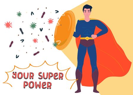 Superhero man with shield, red cloak, protect from virus, coronavirus, bacteria, concept flat vector illustration. Your super power design banner, help immune system, strong immunity, perfect health.のイラスト素材