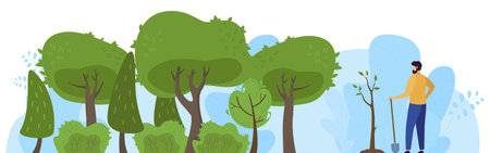 Plant tree in park, male character save planet, forester person, flat vector illustration. Man shovel plant bush, sapling, protect nature, clean air. Caring for globe earth, eco friendly activist.のイラスト素材
