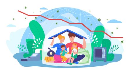 Family protection from covid-19 virus in self-isolation vector illustration. Quarantine, crisis, social distance. Husband and wife hold house roof, protection from global penetrating germ, children with toys.のイラスト素材