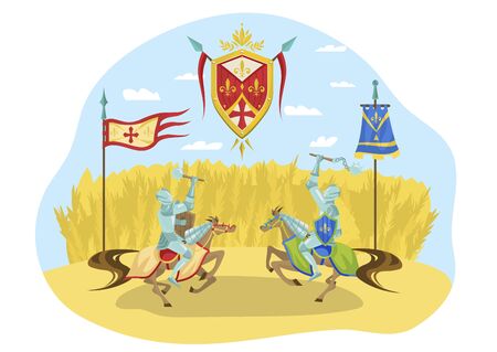 Knightly tournament, character riders horses fighting, royal competition, isolated on white, flat vector illustration. Chivalrous sign, military parade, middle ages war, battle, contest.のイラスト素材