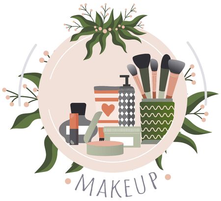 Make up stuff, eye shadow, brush, mascara, healthy makeover, red lipstick, isolated on white, flat vector illustration. Web label, text font, beauty business, industry skin care, cosmetic company.のイラスト素材