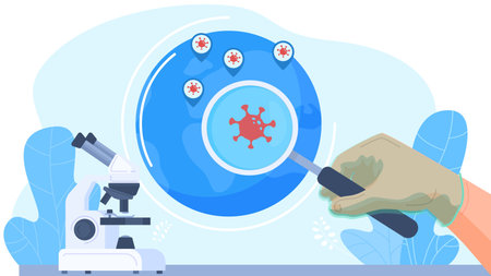 Hand holding magnifying glass, medical research virus, bacteria, world epidemic, plague, microscope, flat vector illustration. Scientific research disease, employee of medical laboratory.のイラスト素材