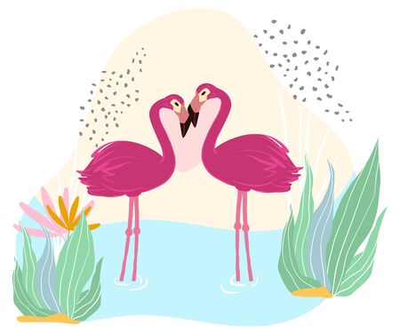 Pink flamingo stand in pond, lake, wildlife, african nature, isolated on white, flat vector illustration. Lovely big bird couple, design for wild banner, animal, tropical poultry, water reservoir.のイラスト素材