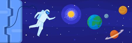 Cosmonaut, astronaut in outer space, planet saturn, earth, mars, moon and sun, rocket flat vector illustration. Space scientific research, character male, academic. Human starship, spaceship.のイラスト素材