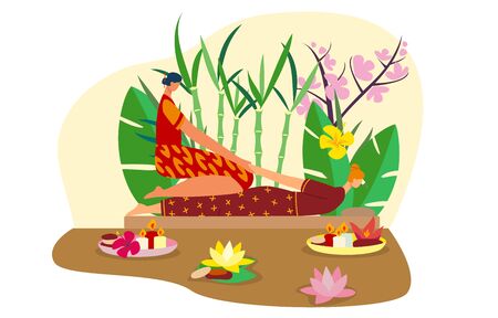 Thailand masseur, character thai woman, asian girl, spa place, isolated on white, flat vector illustration. Bamboo, palm tree leaf, pink flower, relax room, design for lovely space, massage therapy.のイラスト素材