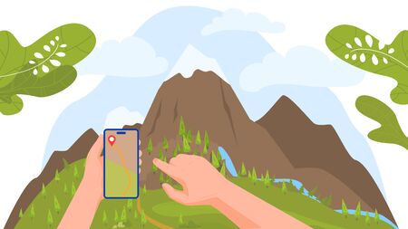 Hand holding mobile phone, smartphone, gps navigation, modern travel, person conquered top of mountain, flat vector illustration. Outdoor national park, alpine place, high mount, plotting route.のイラスト素材